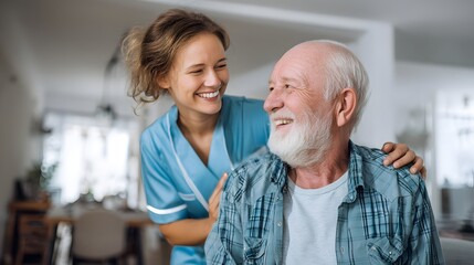 Obraz premium Woman in a blue uniform is smiling at an older man. The woman is a nurse and the man is a patient. Scene is warm and friendly, as the nurse is providing care and comfort to the elderly man