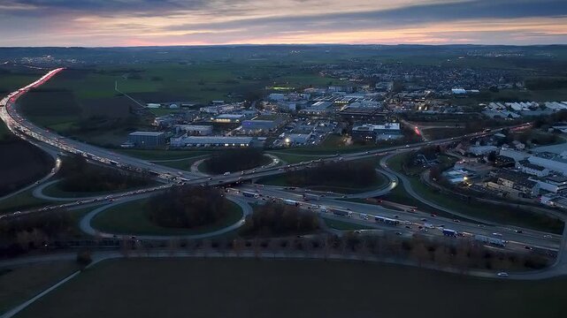 Timelapse aerial view of Highway intersection Stuttgart North connecting German Highways A81 and B10 during rushour at dawn, Baden W&uuml;rttemberg, Germany 