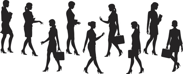 Businesswomen walking and talking, professional female silhouettes carrying bags, office workers communicating, corporate lifestyle illustration, teamwork concept
