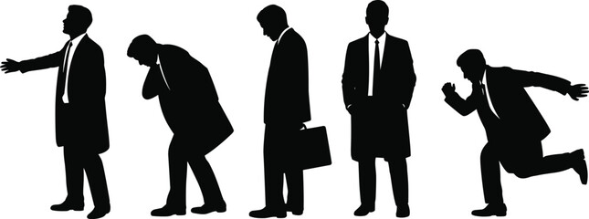 Silhouette business men expressing various emotions and actions representing stress, contemplation, confidence, fatigue and urgency in workplace