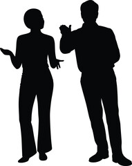 Silhouette of man and woman talking with expressive gestures, communication concept, discussion and interaction illustration scene