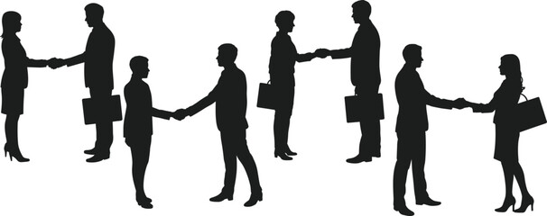 Silhouettes of business professionals shaking hands in multiple poses, teamwork partnership concept, corporate communication illustration scene