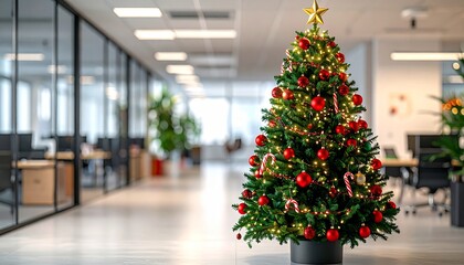 Festive Office Christmas Tree with Red and Green Ornaments and Twinkling Lights
