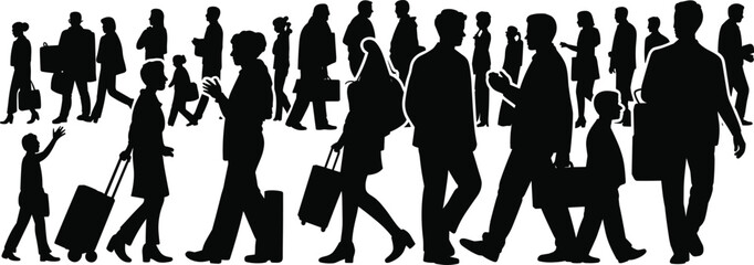 Silhouettes of diverse people walking with luggage and bags, busy crowd movement concept, urban travel illustration scene
