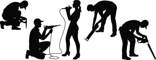 Silhouettes of workers using tools and woman singing with microphone, mixed activity concept, labor and performance illustration