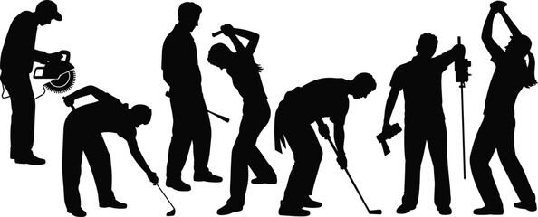 Obraz premium Silhouettes of workers using tools and performing manual labor tasks, construction and industrial activity concept, work illustration scene