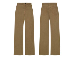 Female Stylish brown wide jeans pant, jeans mockup, front and back view, transparent background, collection of young women's modern bottom wearing jeans, denim jeans, e-commerce product shot.