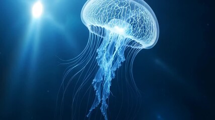 Watch mesmerizing jellyfish dance through the deep blue sea, its bioluminescent glow creating an ethereal underwater ballet, perfect for educational content and captivating nature documentaries - Powered by Adobe