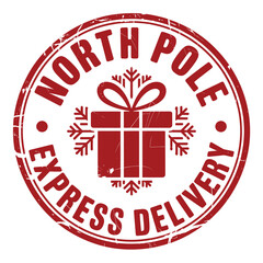 North pole express delivery stamp with gift and snowflakes