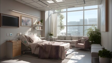 Fototapeta premium Hospital room with a bed, a chair, a couch, and a potted plant. The room is bright and clean, with a window that lets in natural light. The bed is neatly made
