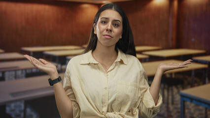 Woman shrugging with palms up in a classroom building amid empty desks and chairs; uncertainty...