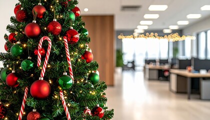 Festive Office Christmas Tree with Red and Green Ornaments and Twinkling Lights