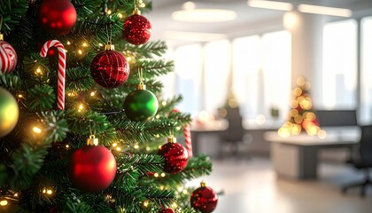 Festive Office Christmas Tree with Red and Green Ornaments and Twinkling Lights