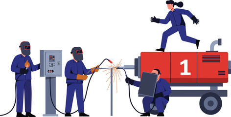 Industrial welding and machinery operation scene, vector illustration for workplace safety, manufacturing teamwork, and editorial engineering content