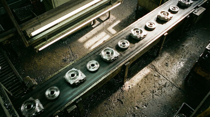 Overhead shot of a conveyor belt in an industrial setting, showcasing machinery parts, great for logistics and manufacturing visuals.