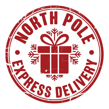 North pole express delivery stamp with gift and snowflakes
