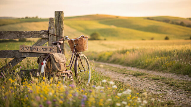 A vintage bicycle leans against a rustic fence in a vibrant green countryside, perfect for eco-friendly travel themes or outdoor adventure promotions. - Powered by Adobe