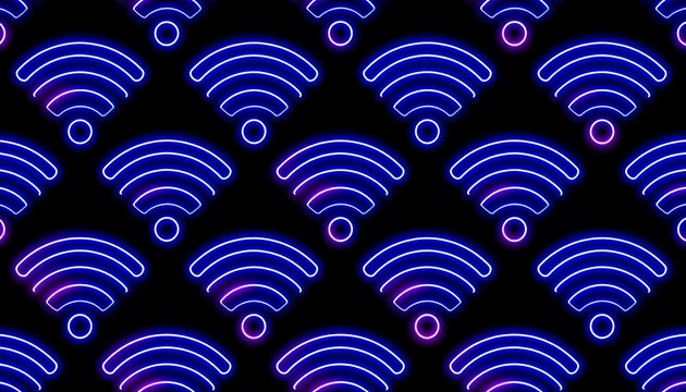 Vibrant and Seamless Pattern of Glowing Neon Wi-Fi Symbols on a Dark Background