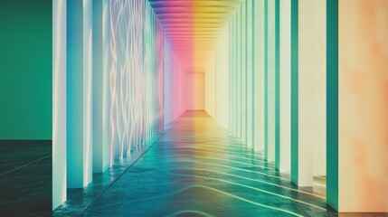 Holographic wave fields interference patterns illuminated corridor perspective depth rainbow spectrum gradient architectural space immersive light art installation