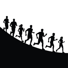 Silhouettes of runners ascending a dark slope