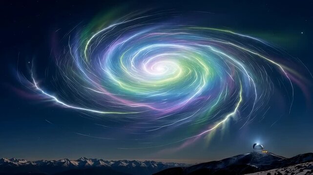 Stunning cosmic swirl of vibrant light illuminating a mountain observatory, creating a sense of wonder and discovery, perfect for science, technology, and exploration concepts