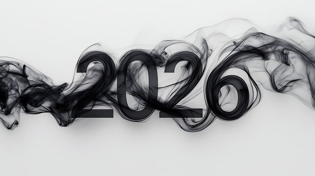 2026 Number Design with Flowing Black Smoke Effect on White Background, Artistic Rendering