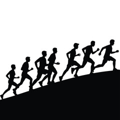 Silhouettes of runners ascending a hill in a line