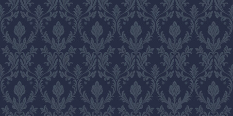 Seamless navy blue damask pattern with classic elegant scrolls