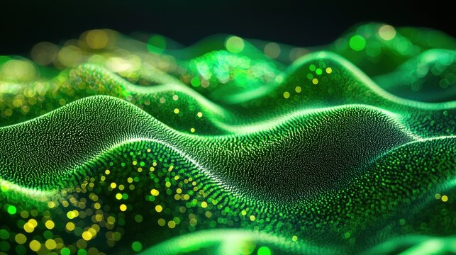 Laser speckle correlation emerald green particle waves flowing through digital terrain coherent light interference patterns optical physics visualization dynamic structures