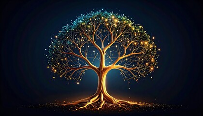 Futuristic tree silhouette with linked branches, unity and support theme