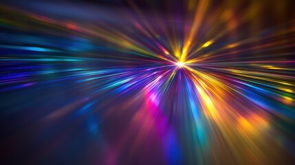 Laser interference effects creating radial burst of rainbow spectrum light rays with vibrant prismatic patterns and dynamic motion blur on dark background