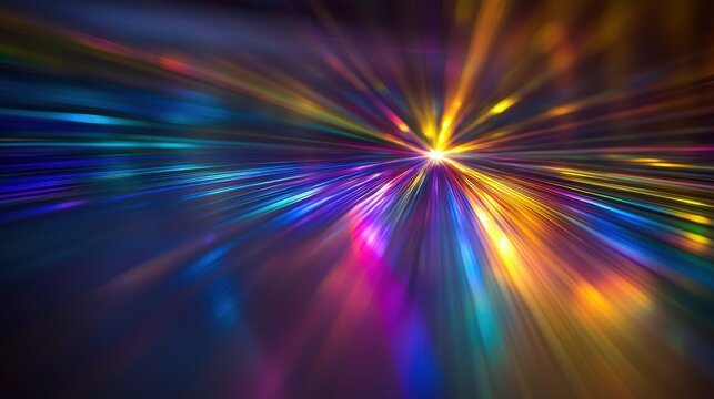Laser interference effects creating radial burst of rainbow spectrum light rays with vibrant prismatic patterns and dynamic motion blur on dark background