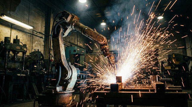 An industrial robotic arm welding, creating bright sparks in a factory, with various machinery in the background. Ideal for manufacturing showcases.