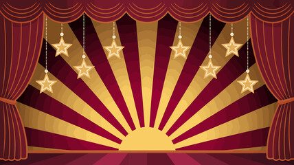 Grand theater stage with red curtains, golden sunburst, and stars