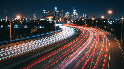 Vibrant night scene with light trails from vehicles on a highway, perfect for travel blogs or urban-themed designs.