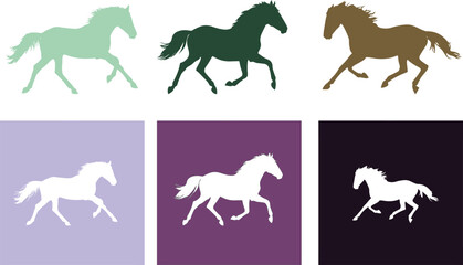 Obraz premium Dynamic Horse Silhouettes Pack: Colored Shapes and White Icons on Backgrounds
