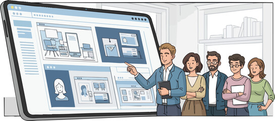 Team Presentation on Large Screen Displaying Website Designs.