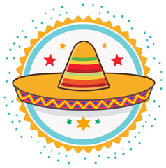 Colorful Mexican Sombrero Fiesta Celebration Icon with Stars and Confetti