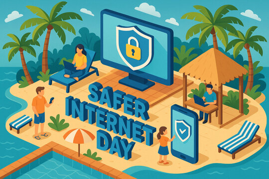 Isometric Safer Internet Day Illustration in a Tropical Resort Setting - Powered by Adobe