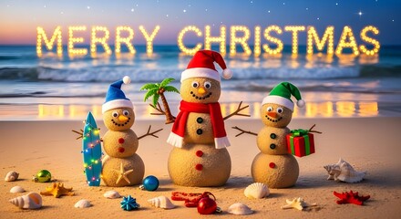 Fototapeta premium Sandy Christmas Snowmen on Beach with Merry Christmas Wishes