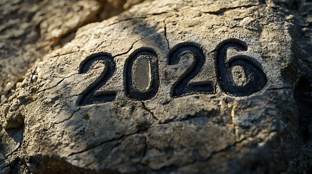 Carved 2026 on Textured Stone Slab Closeup of New Year Date