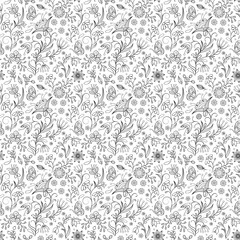 Detailed floral pattern with butterflies and leaves on a white background in a seamless design