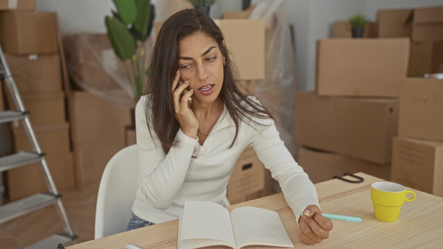 Young hispanic woman holding phone to ear and writing in notebook at new home building among packed cardboard boxes and yellow mug on table; moving stress planning.