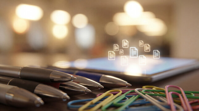 Close-up of colorful office supplies with a tablet showing digital documents, ideal for illustrating productivity and organization in a workspace.