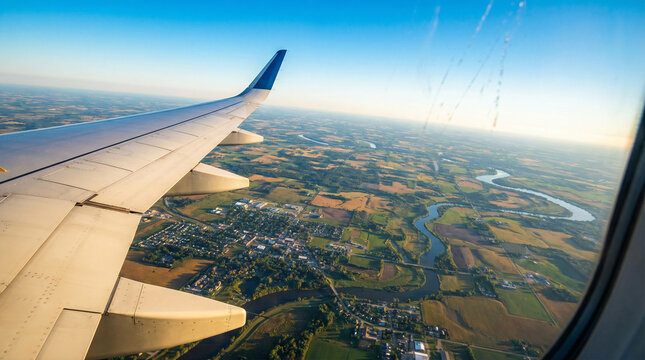 Stunning aerial view from an airplane wing showcasing a vibrant landscape with fields and rivers, ideal for travel blogs and aviation ads.
