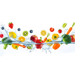 Assortment of vibrant fruits and vegetables in water splash on clear background