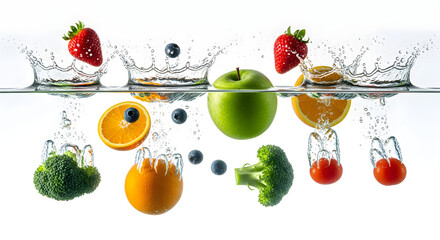 Fruits and vegetables in water healthy splash colorful food refreshment ideas