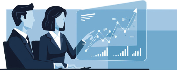 Business professionals analyzing data on a futuristic transparent screen.