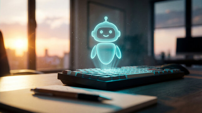 A holographic robot is prominently displayed above a keyboard in a modern office, illuminated by sunset light through large windows. Ideal for tech-oriented themes. - Powered by Adobe