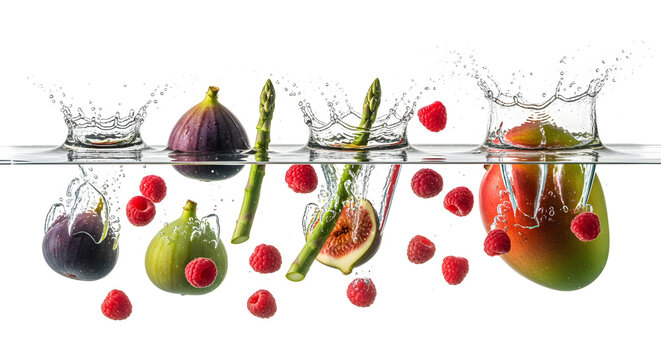 Assorted fruit and vegetables falling into water healthy eating refreshment